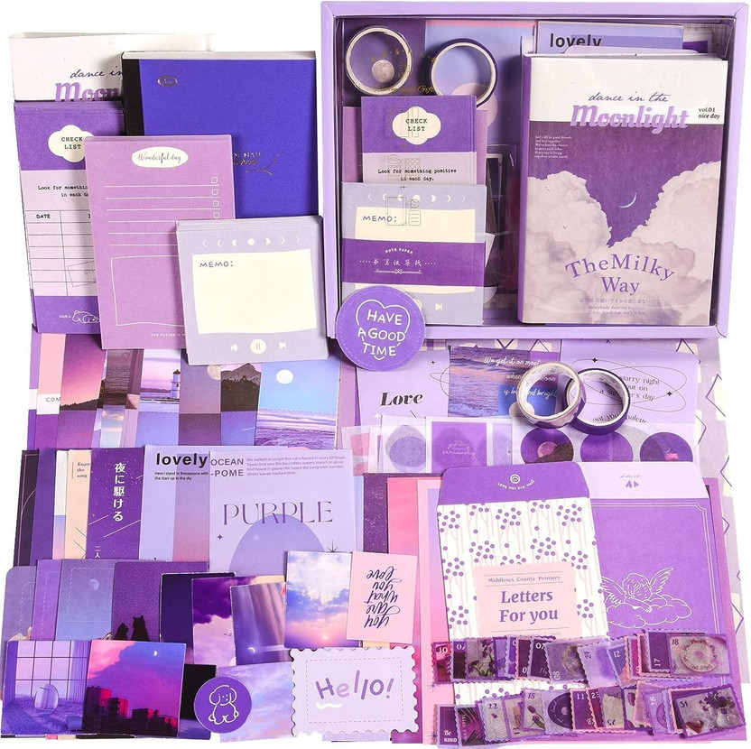 TATSAM 346pcs Aesthetic Journal Supplies Kit, Perfect for Gifting, Purple Moonlight Theme,  Scrapbook Kit(DIY)