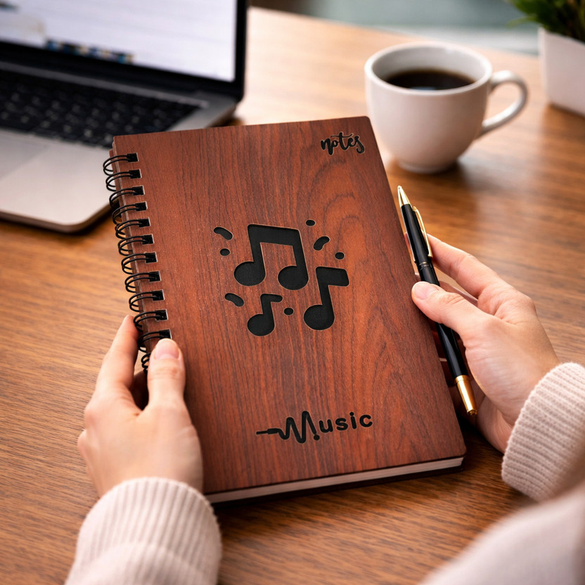 Bnezz Wooden Cover Note Book Diary Music Writing Pad Notebook A5 Notebook Ruled Pages 160 Pages(Brown)