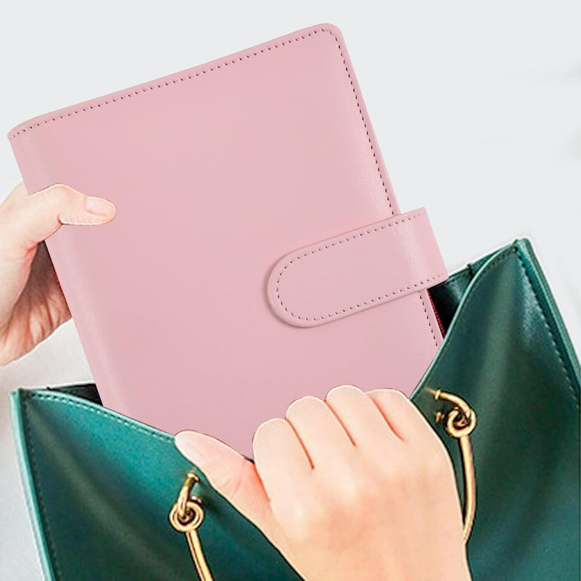 hsbtreads PU Leather A6 Binder Pockets Notebook Binder Cover Refillable – Budget Planner Organizer with Cash Envelopes, Ideal for Tracking, Organizing Finances– Ring Binder Clip Stationery Supplies(Set Of 1, Pink)