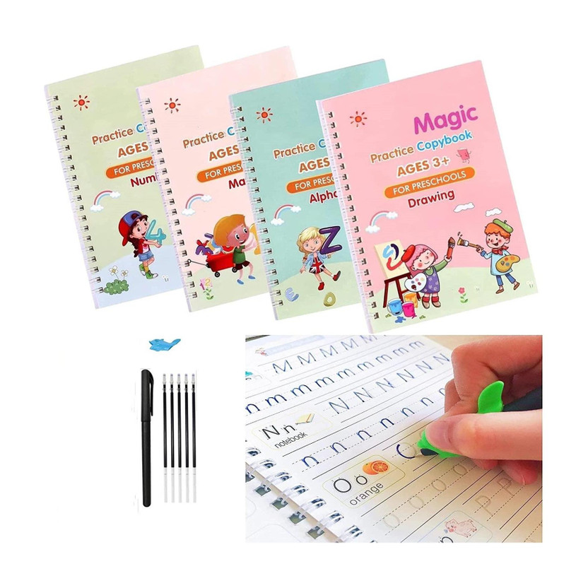 MARCRAZY 4 PCS Sank Magic Practice Copybook for Kids,Magic Calligraphy That Can Be Reused Tracing Handwriting Copybook Set,English Writing Practice Book for Kid (Book + 5 Refills Set) Mini Notebook Ruled 40 Pages(Multicolor, Pack of 4)