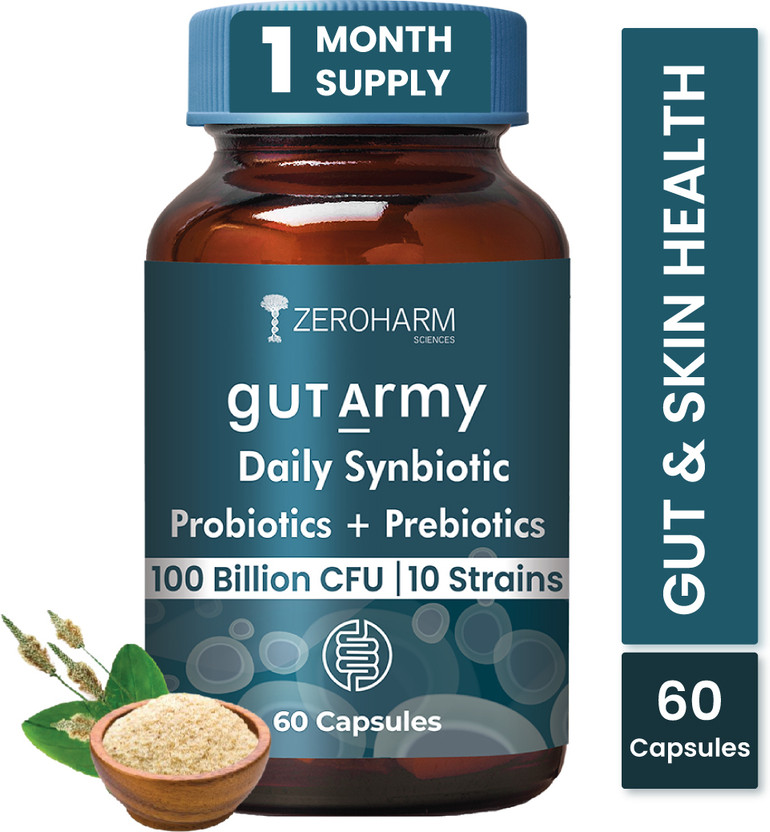 ZEROHARM Gut Army Probiotics & Prebiotics for Gut Health, Bowel Regularity, Skin Health No added Flavor Capsules(60 No)