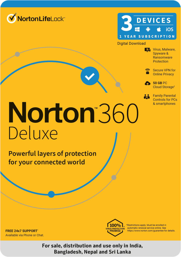 Norton 360 Deluxe 3 PC PC 1 Year Total Security Compatible with Mac, Android, iOS, Windows (Email Delivery - No CD)(Standard Edition)