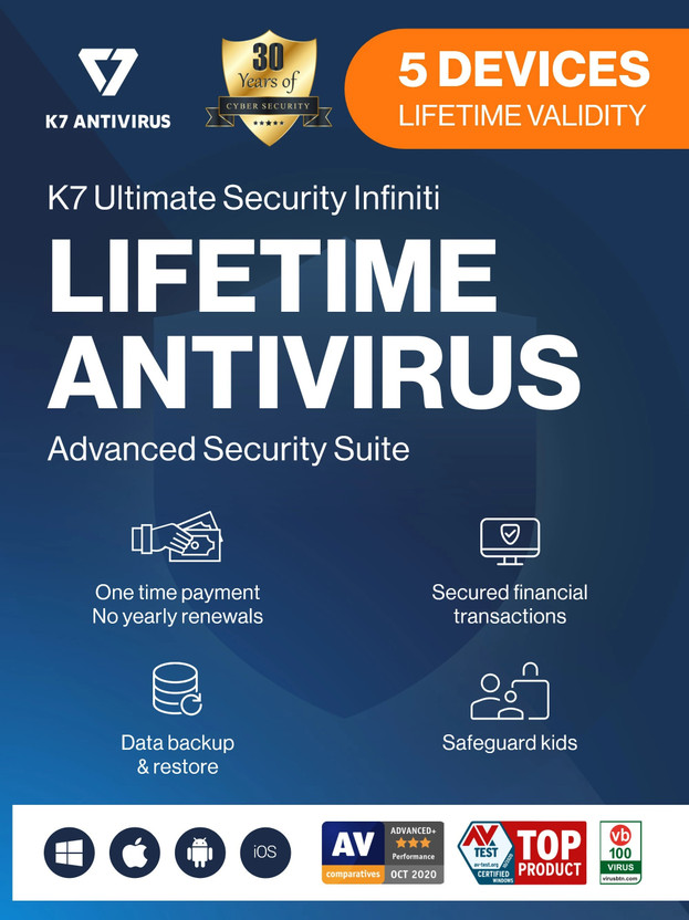 K7 Security 5 PC Lifetime Validity Ultimate Security Compatible with Android, Windows, Mac, iOS (Email Delivery - No CD)(Standard Edition)