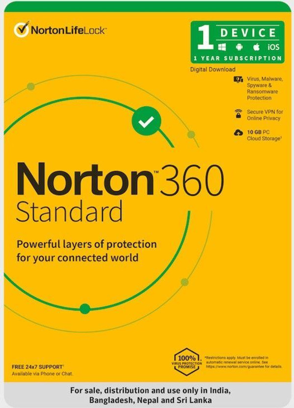 Norton 360 Standard 1 PC PC 1 Year Total Security Compatible with Mac, Android, iOS, Windows (Email Delivery - No CD)(Standard Edition)