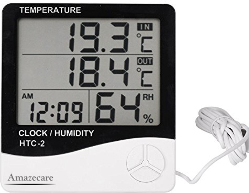 AMAZECARE HTC-2 Room Thermometer with Humidity Incubator & Digital Clock Hygrometer Indoor & Outdoor Accurate LCD Display Thermometer(White, Black)