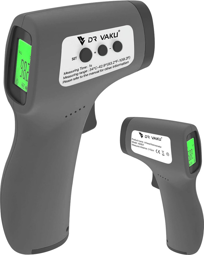 DR DR VAKU Digital Temperature Gun for Fever Check with Three Color Indication, Non-Contact Wide Range Laser Infrared Thermometer(Battery Included, Dark Gray) - Flipkart Deal