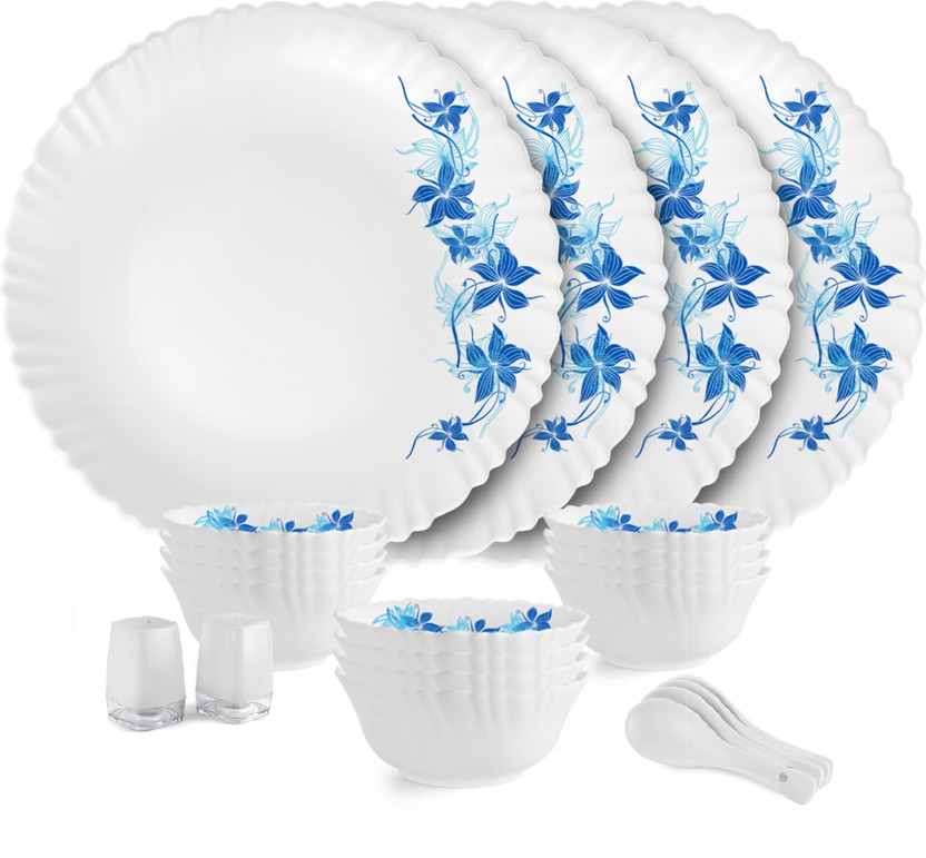 cello Pack of 22 Opalware Dazzle Series Blue Swirl Crockery Set | Dishwasher Safe | Light-Weight Dinner Set(Blue, Microwave Safe)