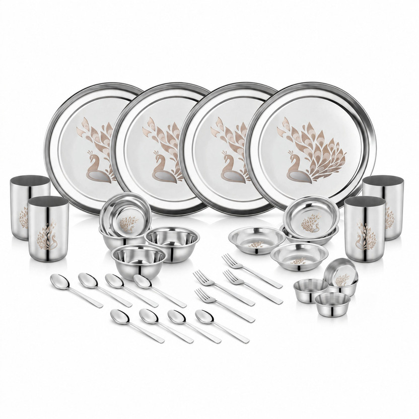 Classic Essentials Pack of 32 Stainless Steel Stainless Steel Peacock Lazer Design Stainless Steel Heavy Gauge |Dinner Set Dinner Set(Silver)