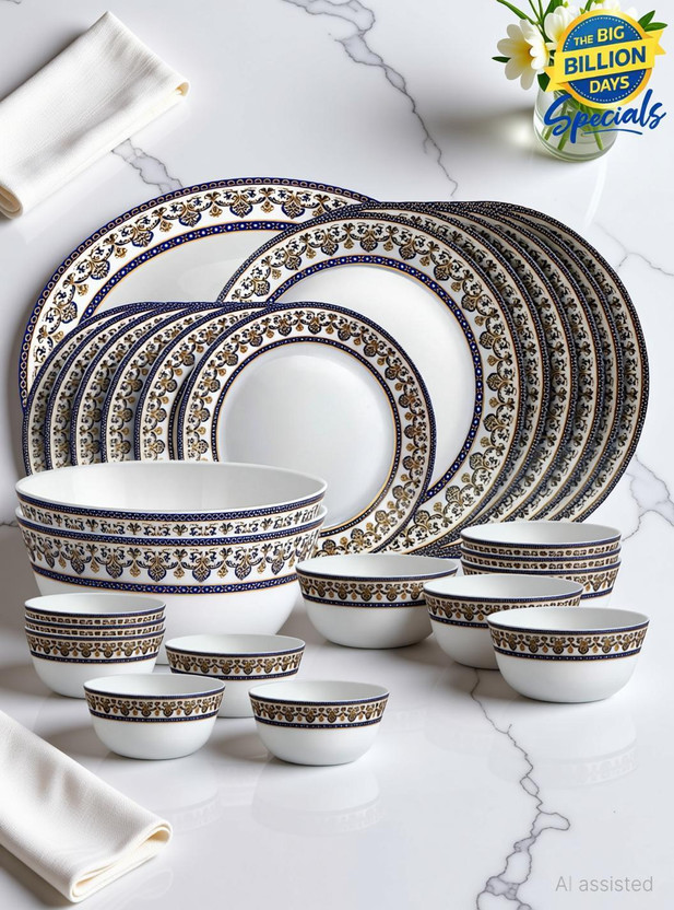 cello Pack of 27 Opalware Opalware x Amitabh Bachchan Solitaire Series Blu Dinner Set(Multicolor, Microwave Safe)