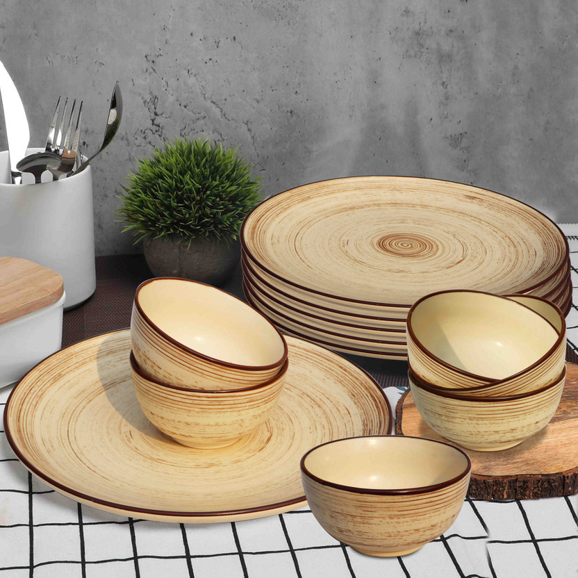 Pure Pure Source India Pack of 12 Ceramic Plates & Bowls - Elegant and Durable Dining Set for 6 Family Members Dinner Set(Brown, Microwave Safe) - Flipkart Deal