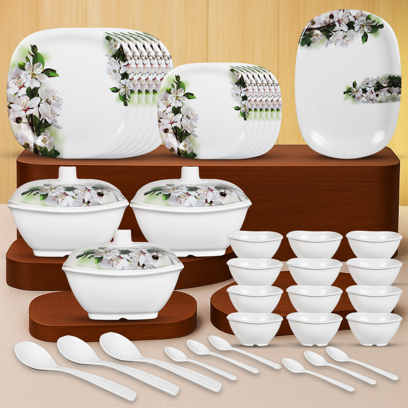 Flipkart SmartBuy Pack of 40 Melamin Emerald Bloom Melamine Dishwasher Safe|Stain Resistant Dinner Set(White, Green)
