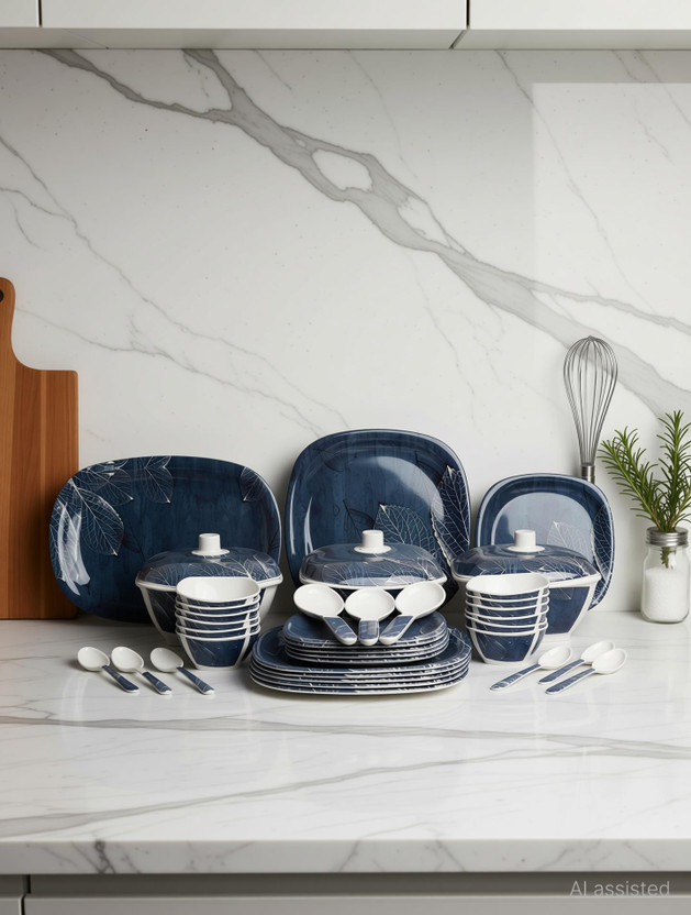 BATANIYA Pack of 40 Melamin Blue ethnic Triple Coated Dinner Set(Blue, Microwave Safe)