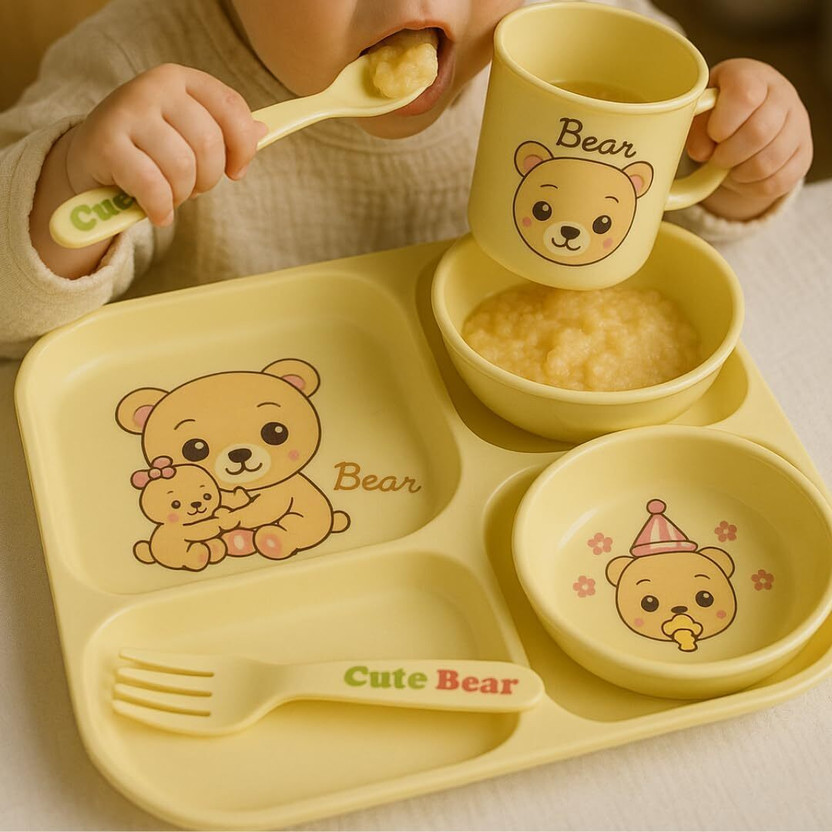 KITCHENSTYLO Pack of 5 Plastic Cute Bear Baby Feeding Set 5 Pieces BPA Free Kids Dinnerware SET Dinner Set(Yellow)