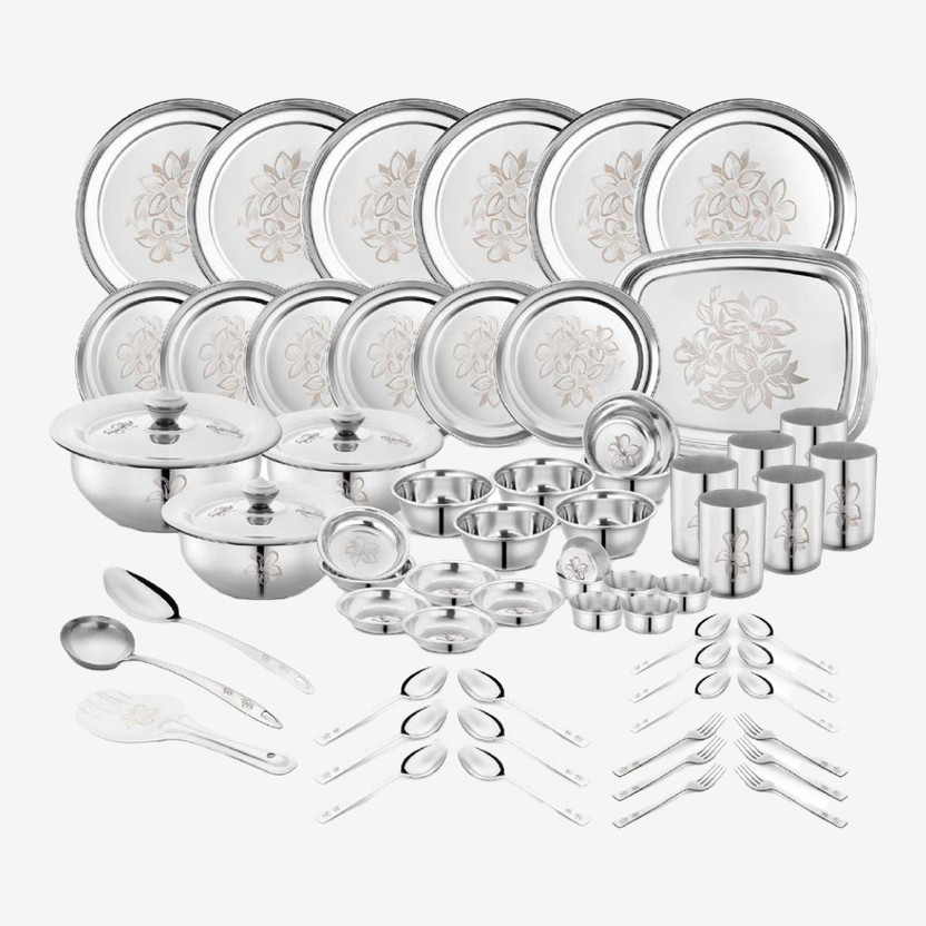 Classic Essentials Pack of 64 Stainless Steel Dinner Set|Serves 6 People|Heavy Gauge|Kitchen Set|Permanent Laser-Glory Dinner Set(Steel)