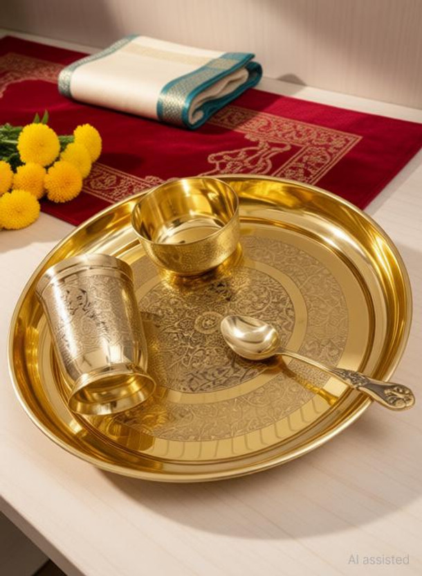 Flipkart M&V CRAFT PURE Pack of 4 Brass Embossed Design THALI Set Pack of- 04 Pieces Dinner Set(Gold) - Flipkart Deal