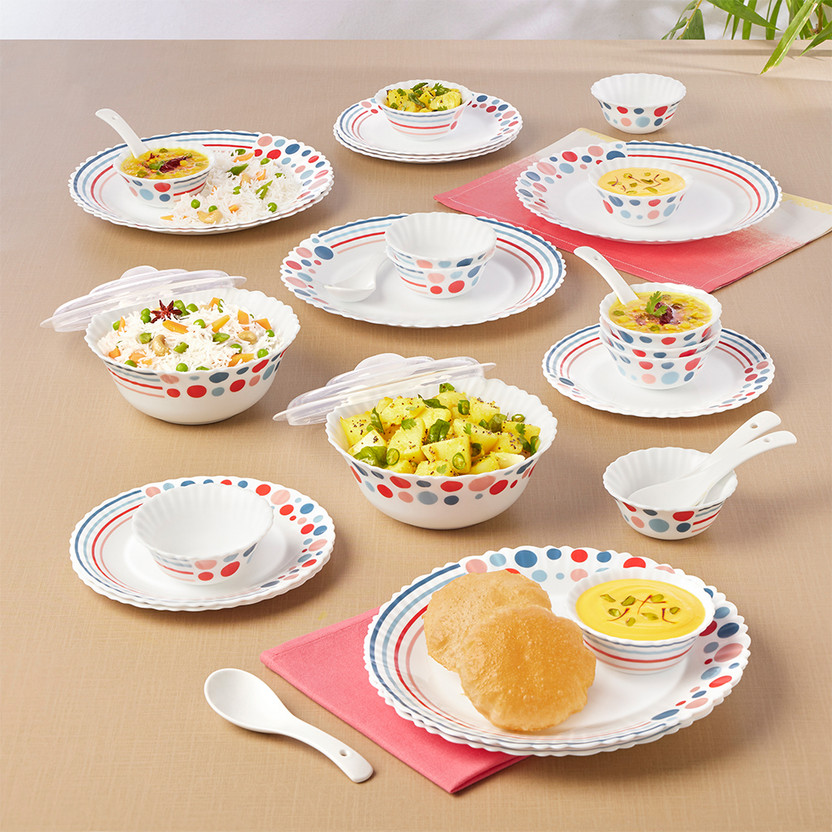 Larah by Borosil Pack of 34 Opalware Galaxy Pastel Crockey Set for Dining & Gifting, Plate & Bowl Dinner Set(Pink, Blue, Microwave Safe)