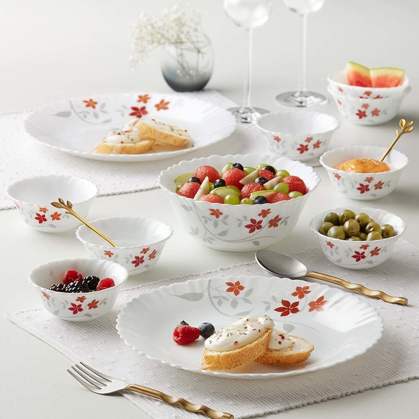 Larah by Borosil Pack of 17 Opalware Rosalie Galaxy Series Crockery for Dining & Gifting Dinner Set(Orange, Red, Grey, Microwave Safe)