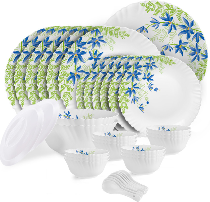 cello cello Pack of 34 Opalware Dazzle Series Blue Primrose Dinner Set(Green, Blue, Microwave Safe) - Flipkart Deal