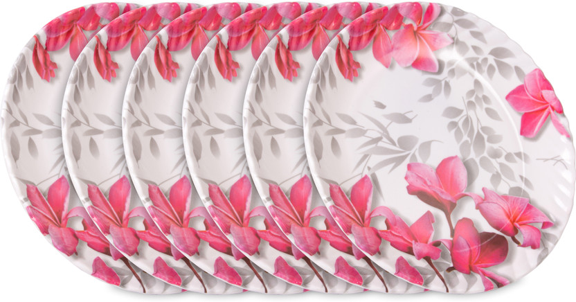 Home-pro Home-pro Pack of 6 Melamin Royal Lehar 101 Pink Flower Full Size 11" 6 Dinner/Lunch Plate | Crockery Plate Dinner Set(Pink, Grey) - Flipkart Deal