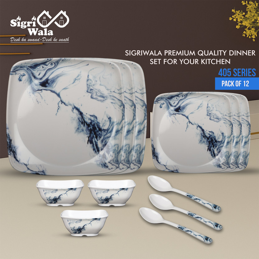 Sigri-wala Pack of 12 Melamin Dinner Set(Blue, White)