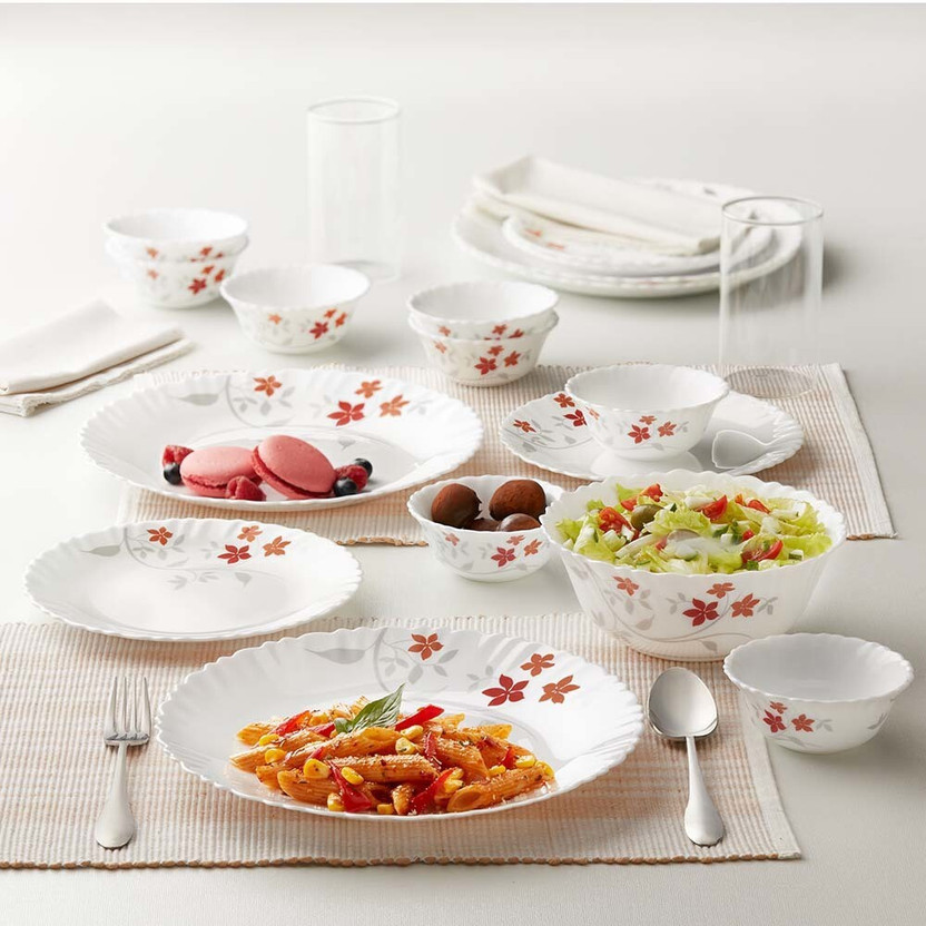 Larah by Borosil Pack of 13 Opalware ROSALIE Dinner Set(Orange, Red, Grey, Microwave Safe)