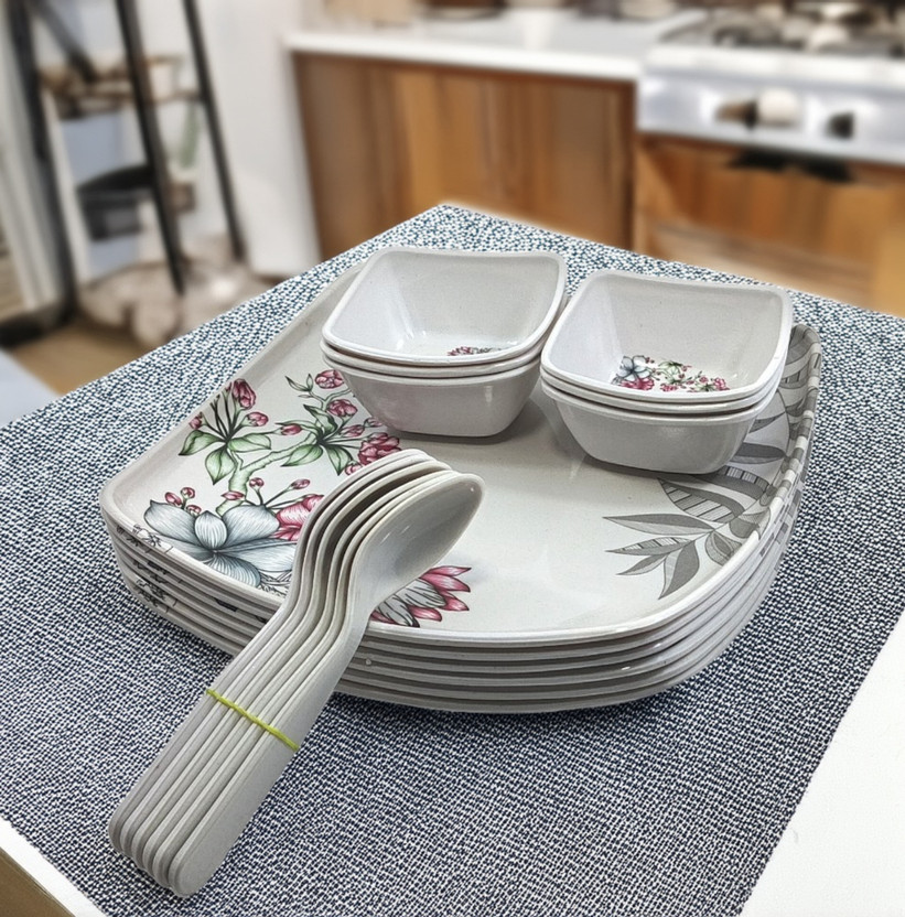 Kitchrox Pack of 18 Melamin Stylish Dinnerware Set Contains 6 Full Dinner Plate, 6 bowls, 6 Spoons Dinner Set(Multicolor)
