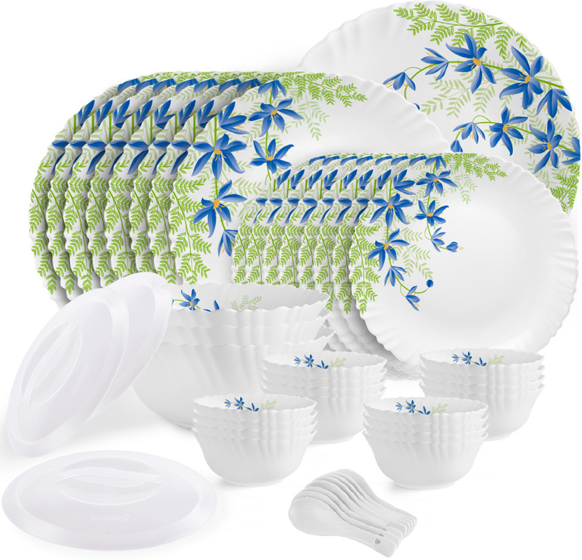 cello Pack of 47 Opalware Dazzle Series Blue Primrose Crockery Set |Dishwasher Safe|Light-Weight Dinner Set(Green, Blue, Microwave Safe)