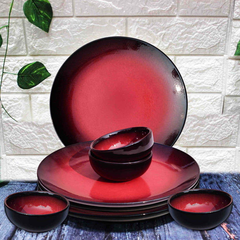 Pure Source India Pack of 8 Ceramic Plates & Bowls - Elegant and Durable Dining Set for 4 Family Members Dinner Set(Black, Red, Microwave Safe)
