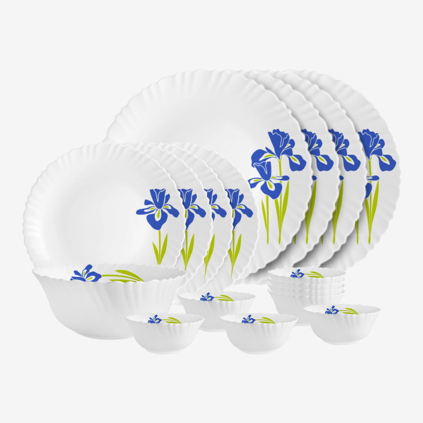 cello Pack of 17 Opalware Dazzle Opalware Blue Iris Dinner Set | Crockery Set | Blue Dinner Set(Blue, White, Microwave Safe)