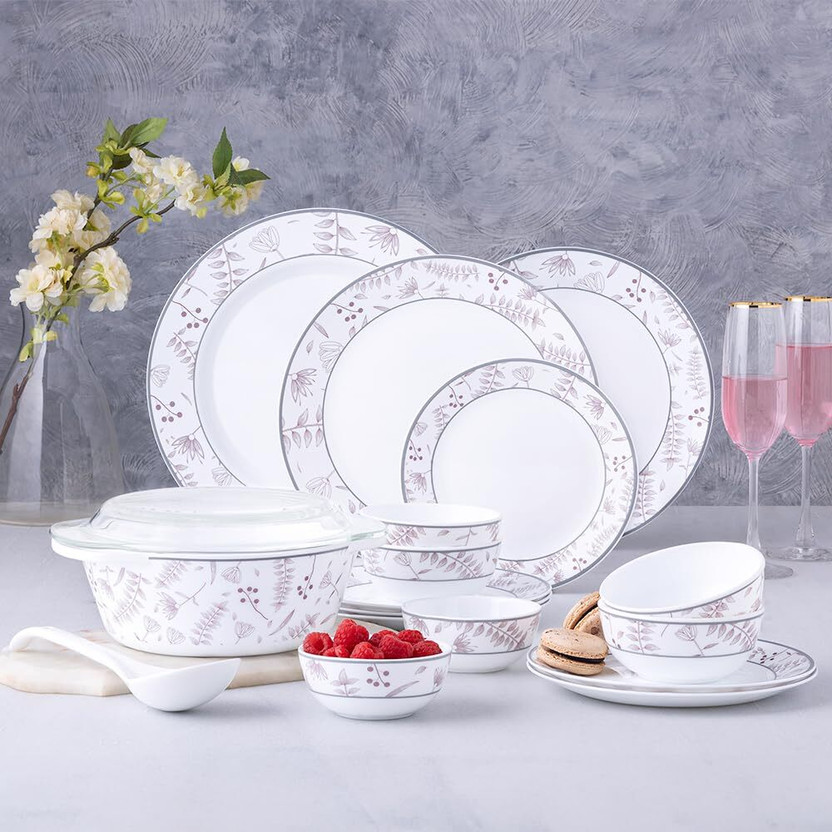 Larah by Borosil Pack of 37 Opalware Premia Grandeur Dinnerset for Family of 6, Crockery Set for Dining & Gifting Dinner Set(Purple, Microwave Safe)