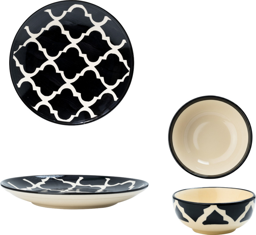 OICIA Pack of 4 Ceramic 4pc Japanese-Style Ceramic Dinnerware Set Microwave-Safe Modern Kitchen Crockery Dinner Set(Black, Microwave Safe)