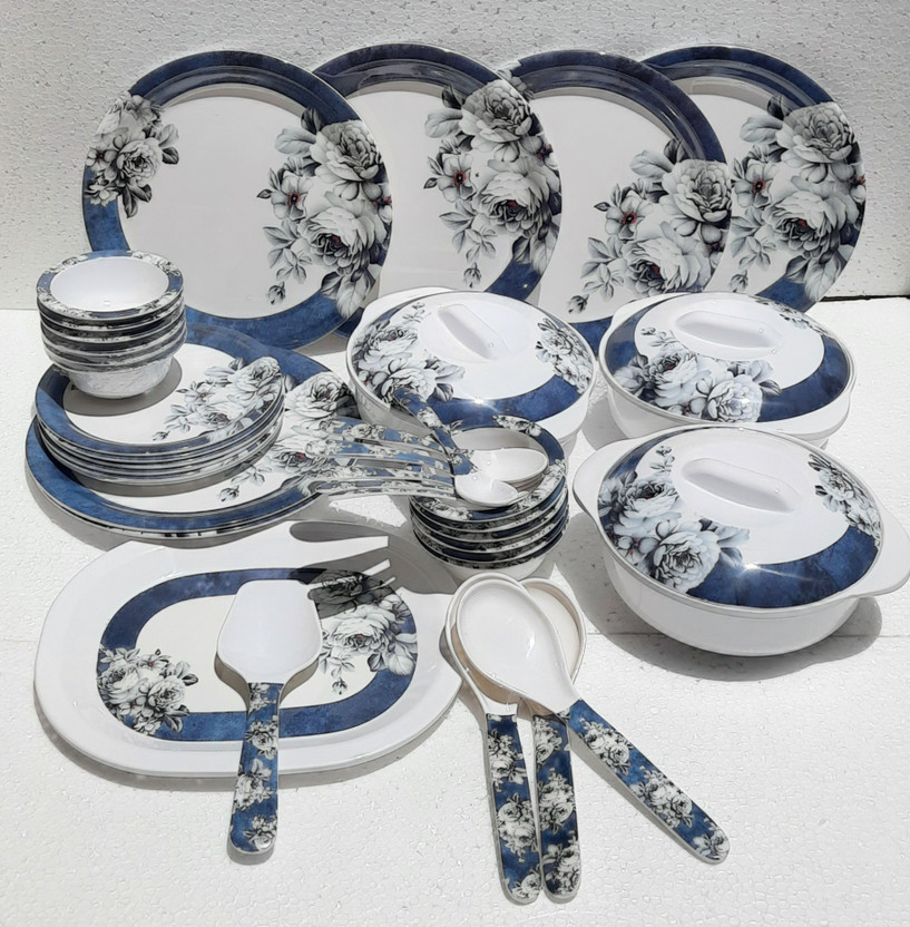 Radhe Crockery Pack of 41 Melamin SILVERROCK Dinner Set(White, Blue)