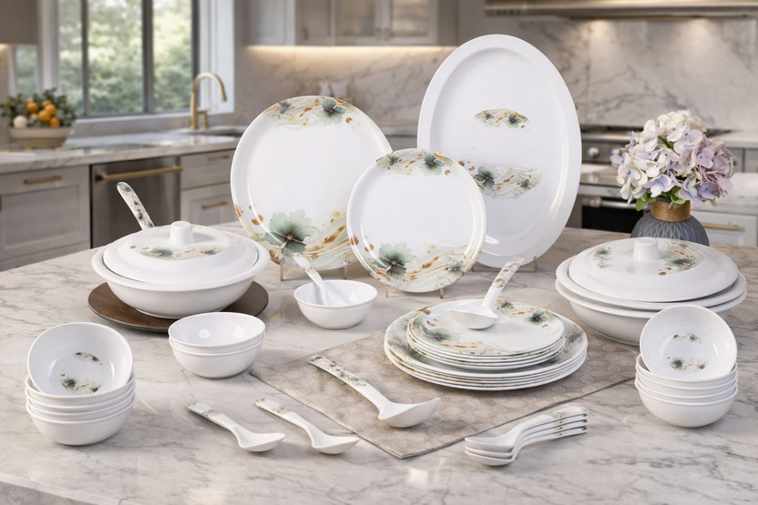 WCSE Pack of 40 Melamin elegant way to serve dinner to your family or guests, round 502 Dinner Set(Green, White)