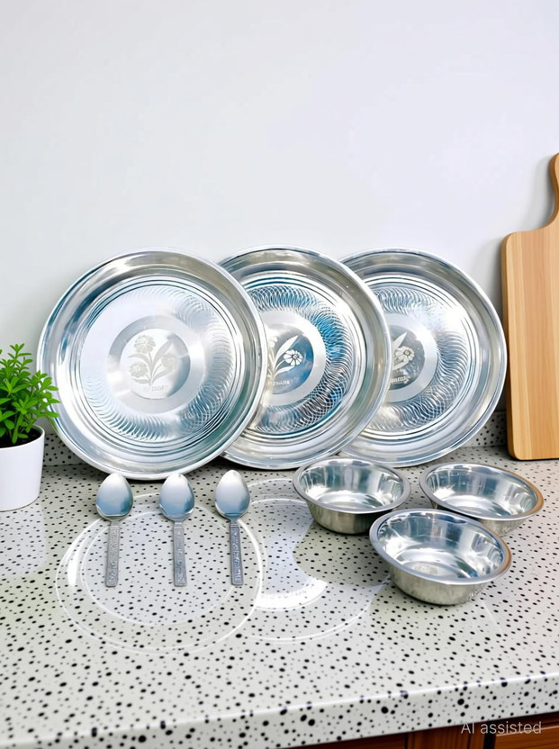 GPTRADE Pack of 9 Stainless Steel Stainless Steel Dinner Set – 3 Plates| 3 Bowls & 3 Spoons Dinner Set(Silver, Microwave Safe)