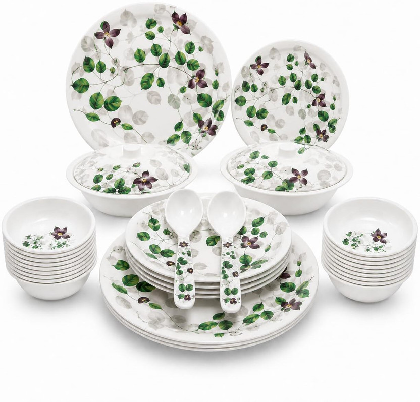 Arova Pack of 32 Melamin Dinner Set for 6 Persons | Unbreakable & Lightweight Crockery Dinner Set(White)