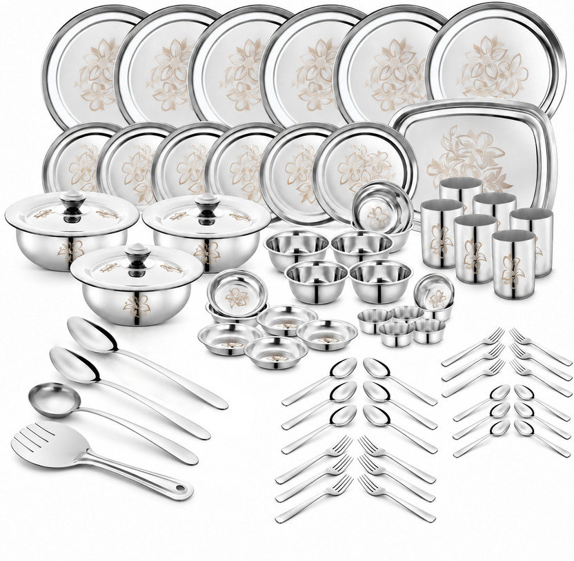 Classic Essentials Pack of 71 Stainless Steel Dinner Set|Serves 6 People|Heavy Gauge|Kitchen Set|Permanent Laser-Glory Dinner Set(Silver)