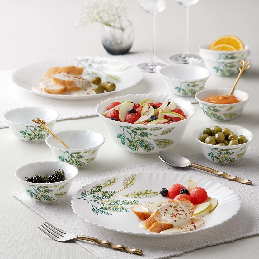 Larah by Borosil Pack of 17 Opalware Fauna Galaxy Series Crockery for Dining & Gifting Dinner Set(Green, Microwave Safe)