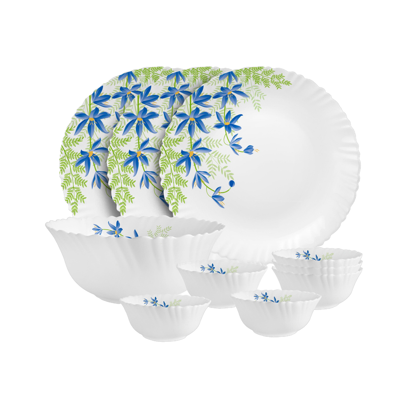 cello Pack of 10 Opalware Dazzle Series Blue Primrose Crockery Set |Dishwasher Safe|Light-Weight Dinner Set(Green, Blue, Microwave Safe)
