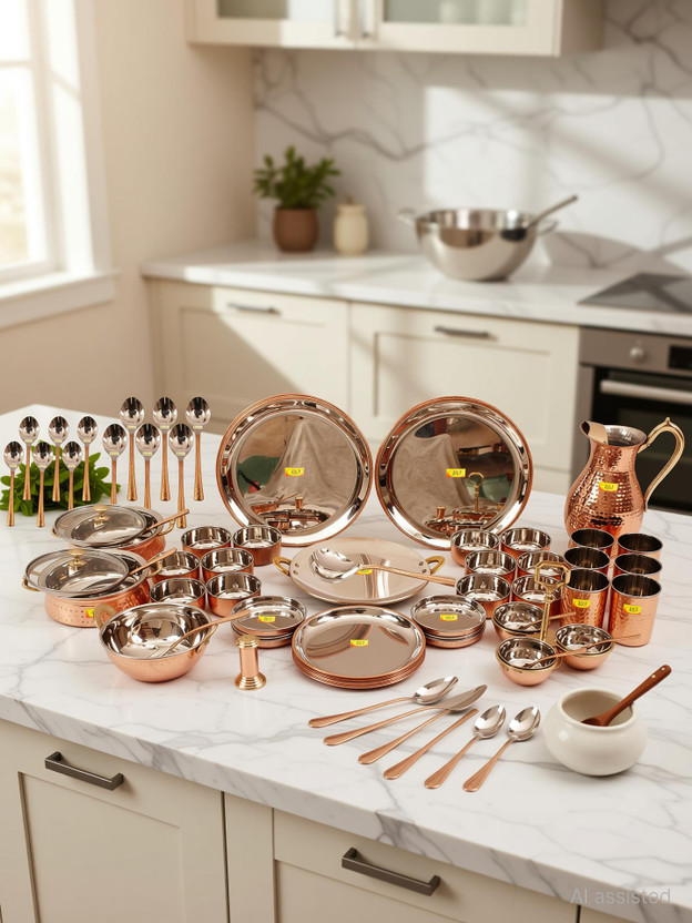Shivshakti Arts Pack of 63 Copper Full Family Complete Steel Copper Thali Dinner Set For Serving Food, Tableware (Luxury Hammer Design Big - 63 Pieces) Dinner Set(Brown)