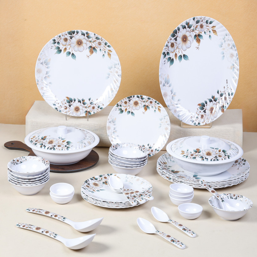 City Gold Pack of 43 Melamin Dinner Set, elegant way to serve dinner to your family or guests, Fluted round Dinner Set(Green, White)