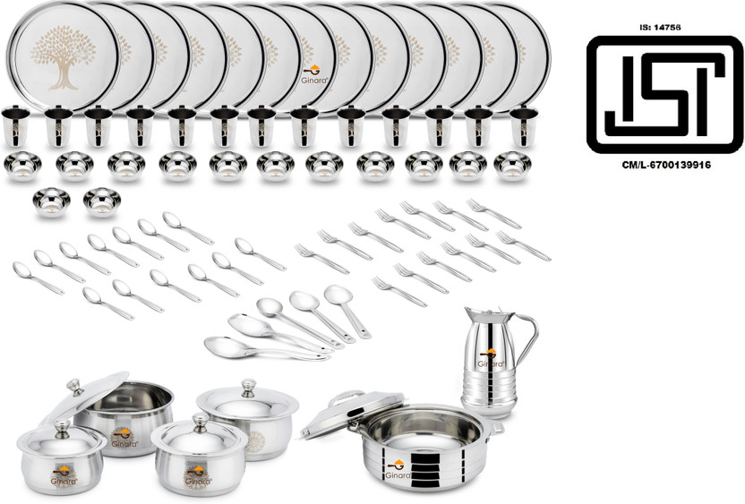 Ginara Ginara Pack of 80 Stainless Steel Laser Printed Tree Model-5 Set,Handi,Lid,Jug,Serving Spoon,Hot pot. Dinner Set(Silver) - Flipkart Deal