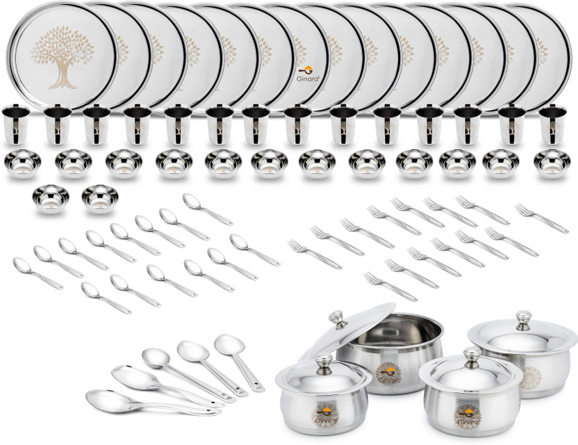 Ginara Ginara Pack of 83 Stainless Steel Laser Printed Tree Model-5 Set 4Handi&Lid , 5 Serving Spoon Dinner Set(Steel) - Flipkart Deal
