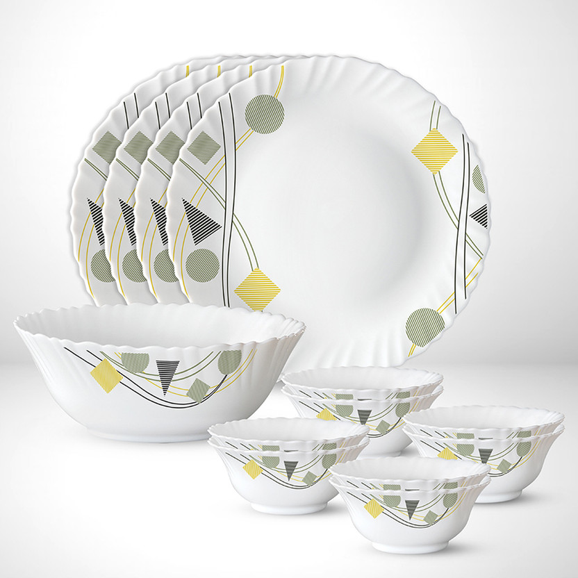 Larah by Borosil Pack of 13 Opalware Galaxy Series Florence 13 pcs Dinnerset, Opalware Crockery For Dining & Gifting Dinner Set(Pink, Black, Microwave Safe)