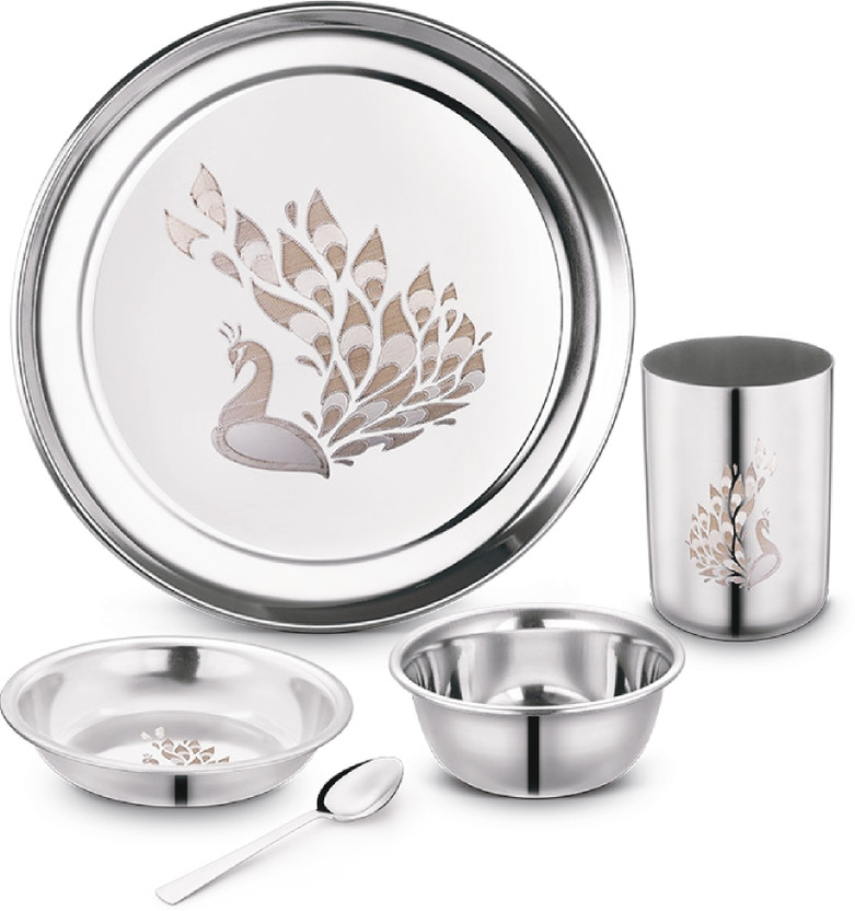 Classic Essentials Pack of 5 Stainless Steel Dinner Set|Heavy Gauge|Kitchen Set|Permanent Laser-Peacock Dinner Set(Silver)