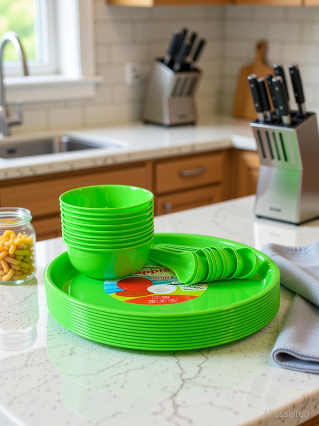 x pods Pack of 18 Plastic Colour Full Family Lunch Dinner Set 6 Bowl 6 Plates 6 Spoon Food Grade Dinner Set(Green, Microwave Safe)