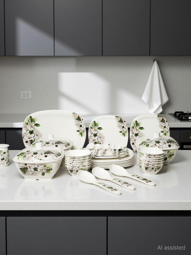 BATANIYA Pack of 40 Melamin Green Floral High Gloss Dinner Set(Multicolor, Microwave Safe)