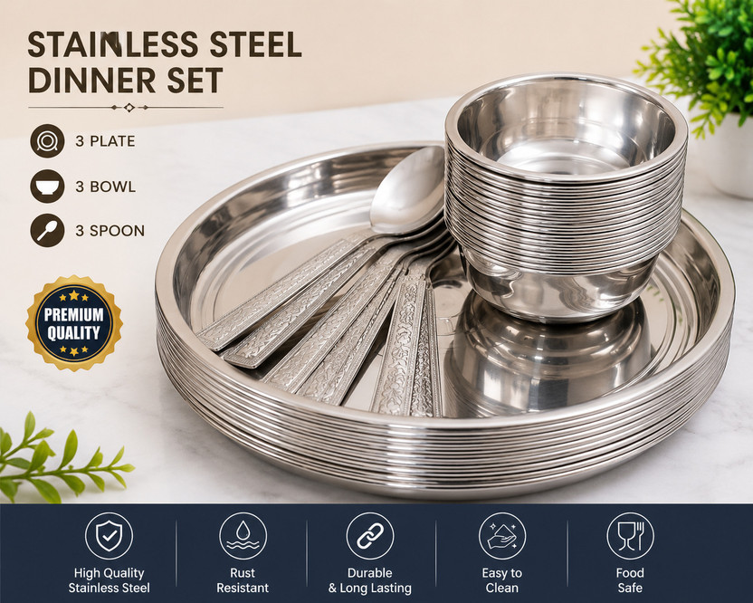 Weezly Pack of 9 Stainless Steel, Steel 3 Plate 3 bowl 3 spoon Steel Laser Printed Steel Dinner Set |9 Pieces Steel Dinner Set(Steel, Microwave Safe)