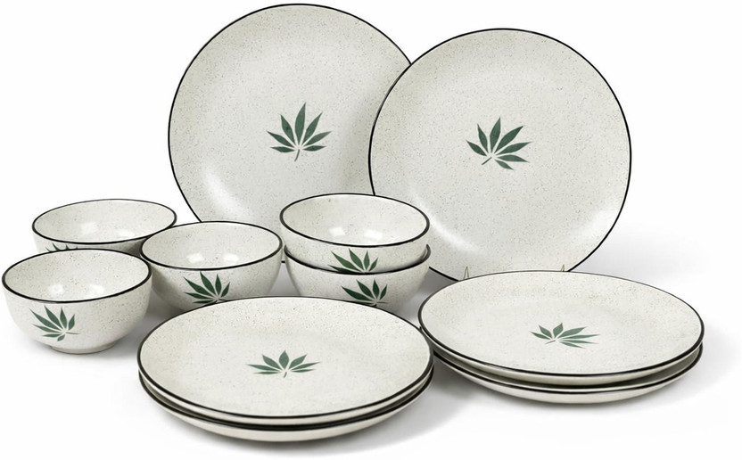 Dwitiya Realm Pack of 12 Ceramic DWITIYA REALM MODERN MINIMALIST FLORAL GREEN CERAMIC 12pc DINNER SET, Dinnerware Dinner Set(White, Green, Microwave Safe)