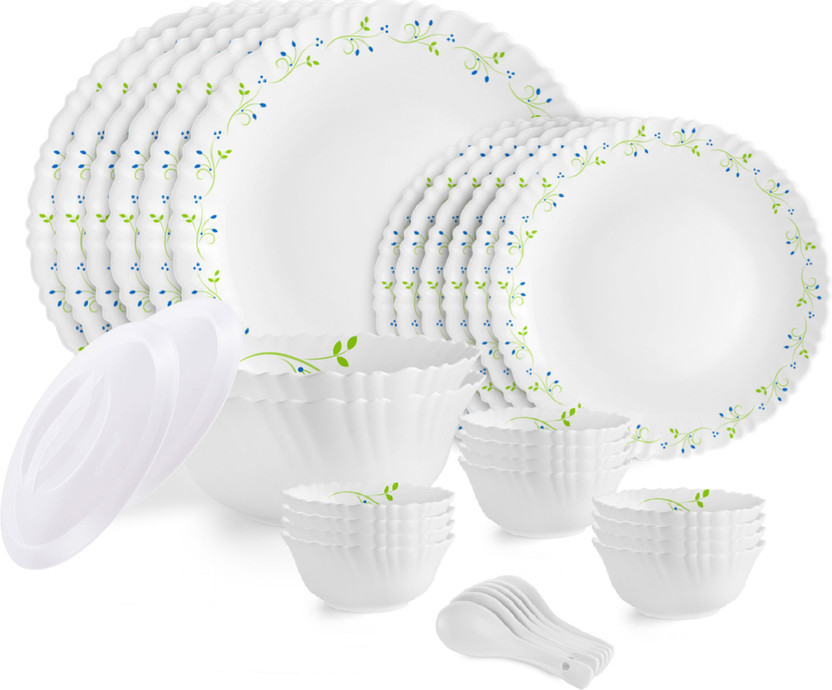 cello Pack of 34 Opalware Dazzle Opalware Tropical Lagoon Dinner Set |Crockery Set |White Dinner Set(Green, White, Microwave Safe)