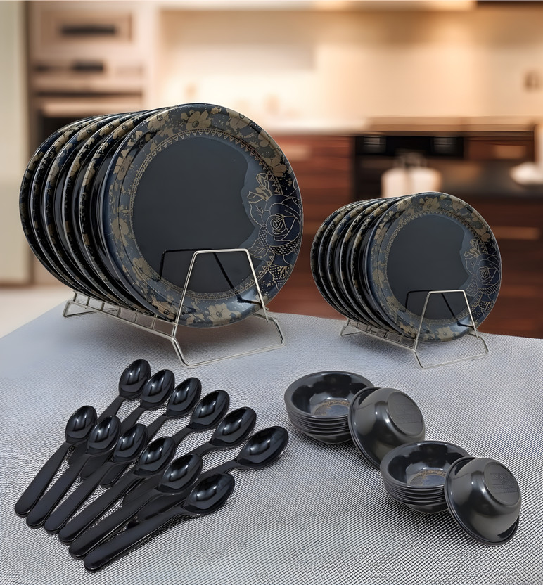 Inpro Pack of 36 Melamin Dinner Set Contains 6 Full Plates ,6 Half Plates, 12 Bowls & 12 Spoons Dinner Set(Black)